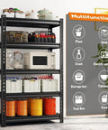Hella Sturdy Five Tier Metal Shelving Unit Premium Heavy Duty Storage Rack For Garage Kitchen Pantry Adjustable Utility Shelf Black with kitchen items