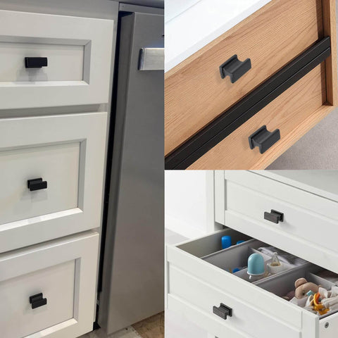 2 Pack Extra Large Matte Black Square Cabinet Knobs For Modern Cabinets And Drawers, installed on kitchen drawers