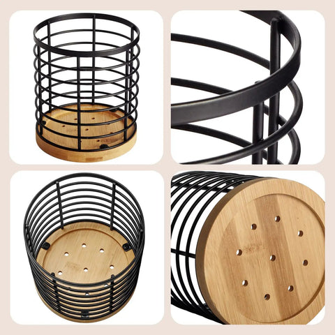 Large Round Utensil Holder With Wooden Base Matte Black Countertop Organizer For Spatulas, Spoons, Whisks And More Durable Metal And Bamboo Kitchen Caddy close-up and top view