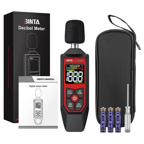 Digital Sound Level Meter With AC Weighted 30 To 130 dB For Home Office Or Industrial Use High Accuracy 1.5 dB Easy Readout Go-To Pro-Grade Decibel Meter For Real World Noise Monitoring And Compliance, with case and manual