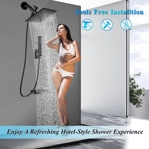 8 Inch Matte Black Rain Shower Head With Hose 2 In 1 High Pressure Shower System in use