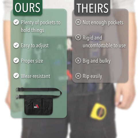 Comparison of garden tool belt for men with pockets and competitor's belt, highlighting features like durability and size