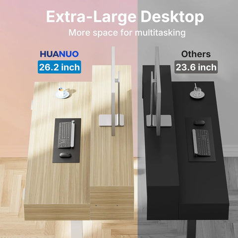 Electric Standing Desk 55 Inch By 26 Inch With 24.4 Inch Large Keyboard Tray And Two Drawers C Clamp Mount Compatible Ergonomic Sit Stand Desk Setup With Four Height Presets Light Walnut Finish vs other desk sizes.
