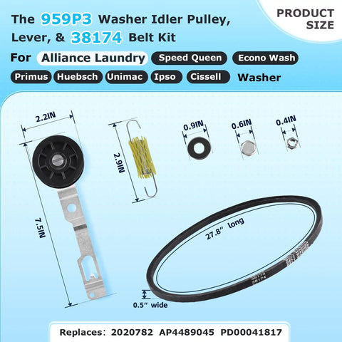 Pro Grade Washer Idler Pulley Kit And Drive Belt Set For Heavy Duty Commercial Washers Compatible With Speed Queen Huebsch Primus Unimac Ipso Cissell Econo Replacement Part 2020782 AP4489045 PS12192030 38225P 2024925, 27.8in belt