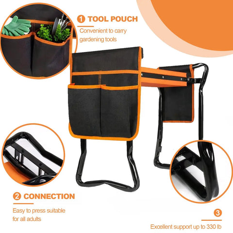 Heavy Duty Foldable Garden Kneeler And Seat With Two Tool Bags, metal frame, EVA cushion, gardening workstation view