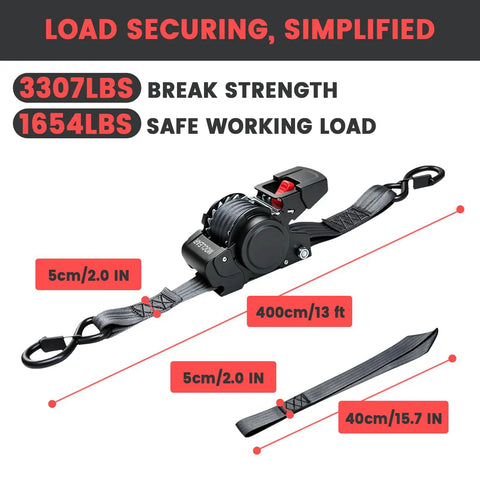 Heavy Duty Retractable Ratchet Straps 2 Inch By 13 Feet With 3307 Pound Break Strength shown with dimensions and labels