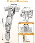 Image showing dimensions of 165 Degree Soft Close Corner Cabinet Hinges For Frameless Kitchens Clip On Plate Hidden Face Mount 3D