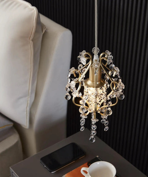 Gold Crystal Pendant Chandelier Plug In With Inline On Off Switch, 180 Inch Cord, No Assembly Required, bedside perspective
