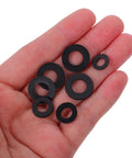 Heavy Duty Plastic Washer Assortment Kit For Bolts And Screws With Cushioning And Wear Resistance Black Flat Washers For Home Repair And Electrical Outlet Spacers High Temperature Safe And Durable, assorted sizes in hand