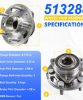 Wheel Hub And Bearing Assembly 513288 For Chevy Malibu Buick Regal Cadillac XTS Impala Buick LaCrosse Equinox GMC Terrain Saab 9 5 With ABS 5 Lug Front And Rear Replacement Upgrade For Your Ride shown with specifications