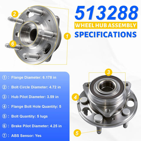 Wheel Hub And Bearing Assembly 513288 For Chevy Malibu Buick Regal Cadillac XTS Impala Buick LaCrosse Equinox GMC Terrain Saab 9 5 With ABS 5 Lug Front And Rear Replacement Upgrade For Your Ride shown with specifications