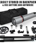 90mm Aperture Refractor Telescope For Beginners With 600mm Focal Length Portable Astronomy Kit, including carry bag, adapter, and tripod.