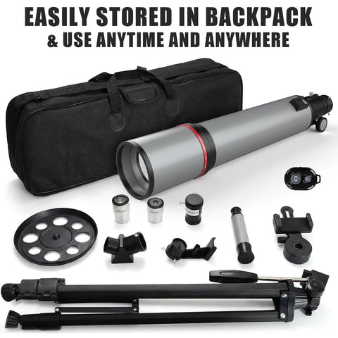 90mm Aperture Refractor Telescope For Beginners With 600mm Focal Length Portable Astronomy Kit, including carry bag, adapter, and tripod.