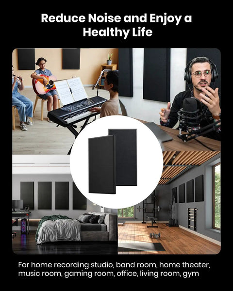 Top Shelf 4 Pack Acoustic Panels 2.4 Inch Thick Fiberglass Soundproof Wall Panels in home studio and gym settings.