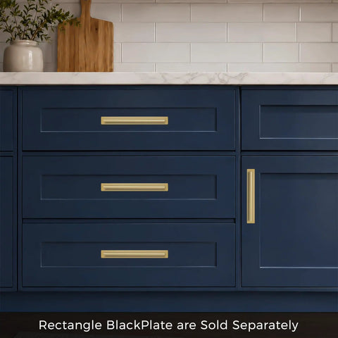 Rock Solid 5 Pack Brass Cabinet Drawer Pull Backplates Featuring 3 Inch Hole Centers With A Legit Brushed Finish That Definitely Will Not Chip Or Peel On Wood Surfaces on dark blue kitchen drawers.