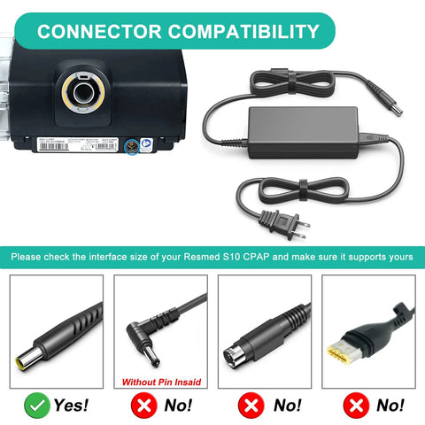 Black 24V AC power adapter brick for ResMed AirSense 10 CPAP with wall plug and output cable.