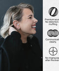 Woman wearing Music Pro Concert Ear Plugs That Keep Your Ears Safe And Your Sound Clean For Gigs And Live Events Up To 20dB Noise Reduction, Reusable Ear Plugs With Filter Set And Case, with sound benefits listed.