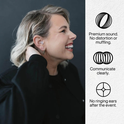Woman wearing Music Pro Concert Ear Plugs That Keep Your Ears Safe And Your Sound Clean For Gigs And Live Events Up To 20dB Noise Reduction, Reusable Ear Plugs With Filter Set And Case, with sound benefits listed.