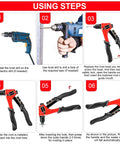 Instructional image showing step-by-step use of Pop Rivet Gun Kit With 200 Blind Rivets, Upgraded Manual Single Hand Riveter.