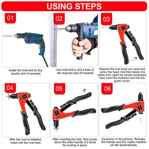Instructional image showing step-by-step use of Pop Rivet Gun Kit With 200 Blind Rivets, Upgraded Manual Single Hand Riveter.