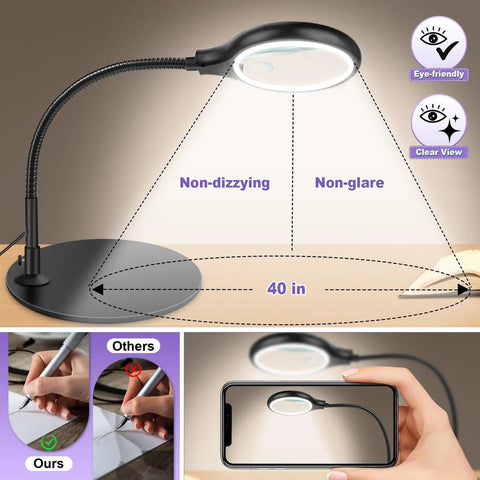 Desk Magnifying Lamp With 10X 20X Glasses Hands Free Stand Lighted Magnifier Three Color Modes on desk with flexible arm