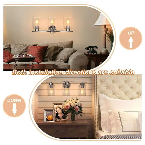 Three Light Brushed Nickel Luxe Bathroom Vanity Wall Sconce With Curved Modern Design And Clear Glass Shades Over Mirror
