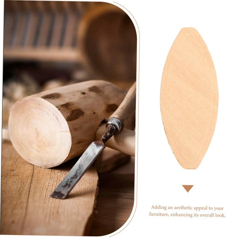 100 Piece Real Deal Hardwood Joiner Biscuits For Woodworking close-up on a smooth biscuit with a chisel and wood log.
