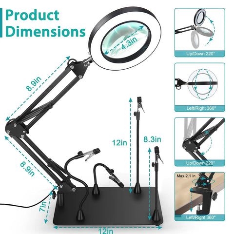 10X LED Magnifying Lamp With Light And Stand, Three Color Modes, Stepless Brightness, 4.3 Inch Glass, Adjustable Arm