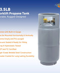Steel Forklift Propane Tank Cylinder With Built In Gauge, 33.5 Lb Capacity, Liquid Draw Design, Forklift Ready For Horizontal Or Vertical Mount, Gray Finish, vacuum sealed and DOT certified