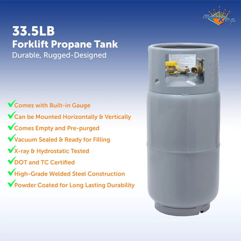 Steel Forklift Propane Tank Cylinder With Built In Gauge, 33.5 Lb Capacity, Liquid Draw Design, Forklift Ready For Horizontal Or Vertical Mount, Gray Finish, vacuum sealed and DOT certified