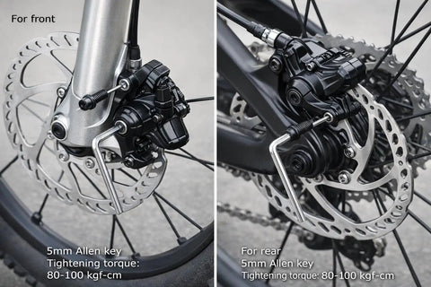 Front and rear view of Bike Disc Brake Kit With Aluminum Front Caliper Full Aluminum Alloy Brake Lever 160mm Rotor.