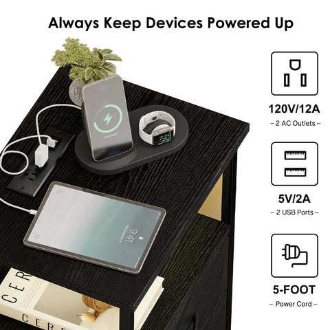 LED Nightstand With Charging Station, USB Ports And Outlets, Dope RGB Color Changing LED Night Light shown with devices charging