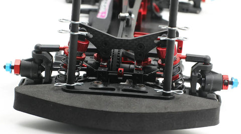 Front view of SPEC-R R1 1/10 Scale RC Electric Touring Car 4WD Carbon Fiber Main Chassis Kit with metal shocks