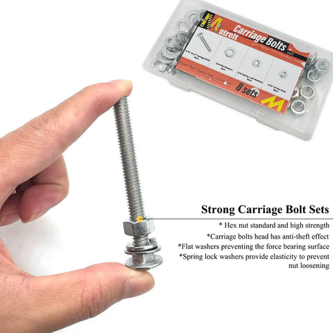 Built Like A Tank 5/16X3 Inch Carriage Bolts Square Neck Stainless Steel With Hex Nuts Flat Washers Spring Lock Washers Rust Proof Screw Assortment Kit For Marine Auto And Garage Builds, held in hand with washers.