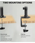 Beefy Dual Monitor Desk Mount With Height Adjustment And Vesa Plates For Two Ultrawide Lcd Screens Up To Thirty Four Inches showing grommet and clamp mounting options.