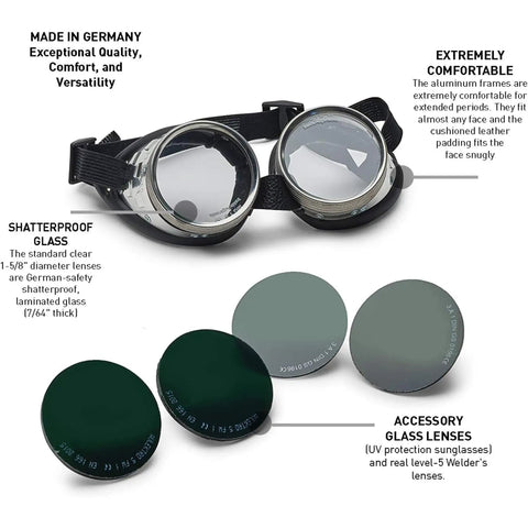 Top Shelf Shade 5 Welding Glasses With Rock Solid UV Protection And Swappable Shatterproof Safety Lenses Crafted For Plasma Cutting And Serious Shop Grind Sessions, aluminum frame and lens sets.