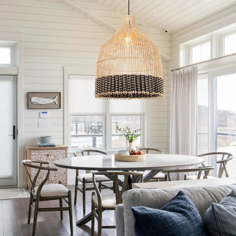Black Rattan Pendant Light for Kitchen Island and Living Room, Handmade Woven Lampshade Ceiling Fixture in bright dining area