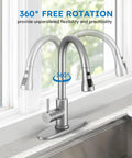 Top Shelf Kitchen Faucet With Slick Pull Down Sprayer, Single Handle Brushed Nickel, 3 Function Gooseneck Sink Tap with 360° rotation.