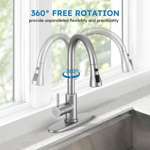 Top Shelf Kitchen Faucet With Slick Pull Down Sprayer, Single Handle Brushed Nickel, 3 Function Gooseneck Sink Tap with 360° rotation.