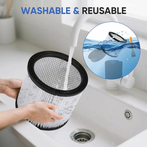 Hands cleaning a cartridge filter under running water, titled 'Washable & Reusable.' Upgrade Your Shop-Vac With This Replacement Cartridge Filter For 4-16 Gallon Wet Dry Vacuums, Compatible With 90304 90350 90333 90344, Fits Most Shop-Vac Models, Heavy-Duty Filtration For Dust Debris.