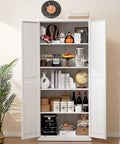 Built Like A Tank Super Tall Steel Pantry Cabinet With Double Doors And Four Shelves Kitchen Storage Saver filled with items.
