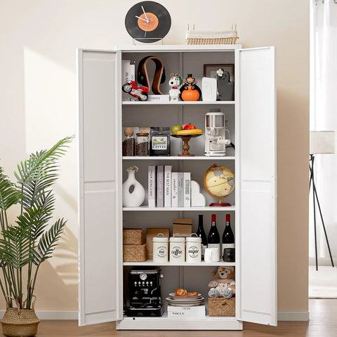 Built Like A Tank Super Tall Steel Pantry Cabinet With Double Doors And Four Shelves Kitchen Storage Saver filled with items.