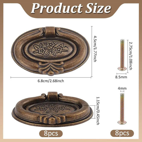 8 Set Oval Cabinet Door Handles Antique Bronze Bail Drawer Pulls With Floral Pattern Vintage Shabby Chic Knobs dimensions