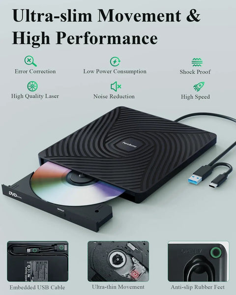 Ultra Slim External CD DVD Drive Type C 3.0, Plug And Play Portable Optical Drive, 13mm Thick, Travel Friendly For Laptops And Desktops, No Power Adapter Needed, with CD tray and USB-C cable