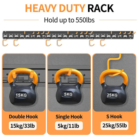 Garden Tool Organizer Wall Mount For Garage Storage And Yard Hanger Rack with adjustable hooks and weight limit demonstration