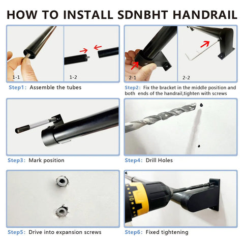 Installation steps for Heavy Duty Aluminum Stair Handrail For Indoor Outdoor Steps Wall Mounted Pipe Railing, 1.25in tubes.