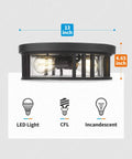 Industrial Two Light Flush Mount Ceiling Light With Black Cage Frame And Seeded Glass Shade, 13 Inch Fixture dimensions