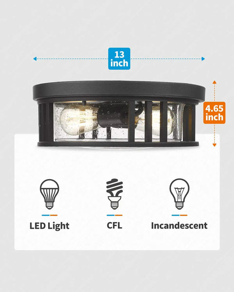 Industrial Two Light Flush Mount Ceiling Light With Black Cage Frame And Seeded Glass Shade, 13 Inch Fixture dimensions