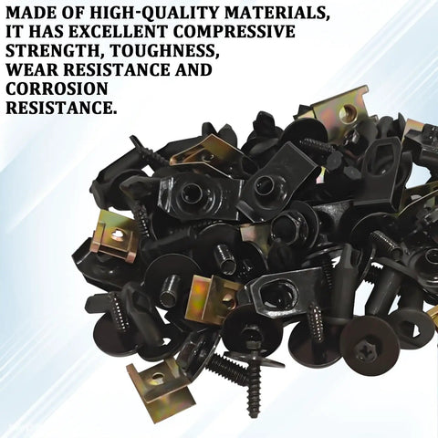 100 Piece Heavy Duty Auto Fastener Kit With Premium Steel Nylon Clips U Nuts Rivets showing high-quality black clips and rivets.