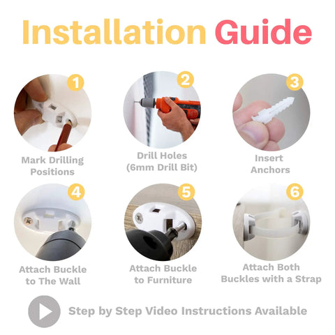 Installation guide for 12 Pack Heavy Duty Furniture Anchors For Baby Proofing And Anti Tip Wall Straps, showing step-by-step process.
